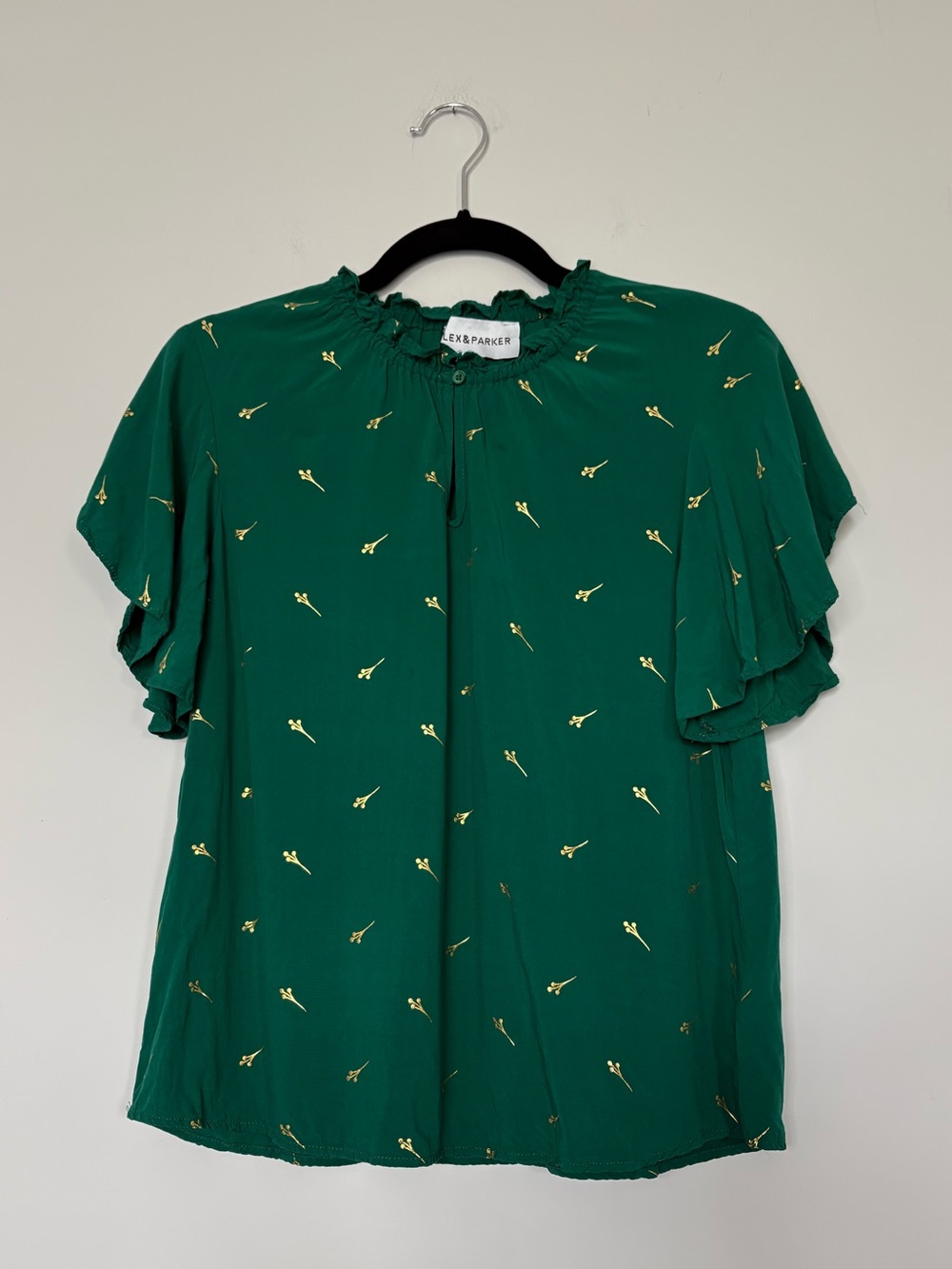 Alex & Parker Emerald Green & Gold Print Flutter Sleeve Blouse Size S Flowy